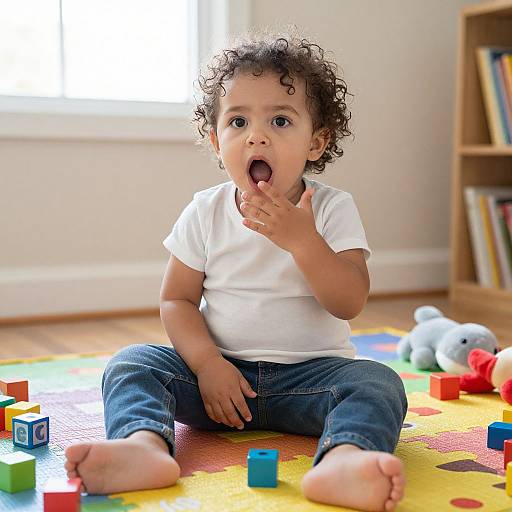 Photograph of a curly-haired toddler with light brown skin, wearing a white t-shirt and blue jeans, sitting on a colorful play mat, mouth open