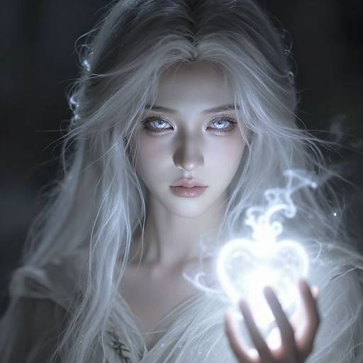 Digital art of a pale, ethereal woman with long, white hair and glowing blue eyes, conjuring a bright, magical flame in her hand against