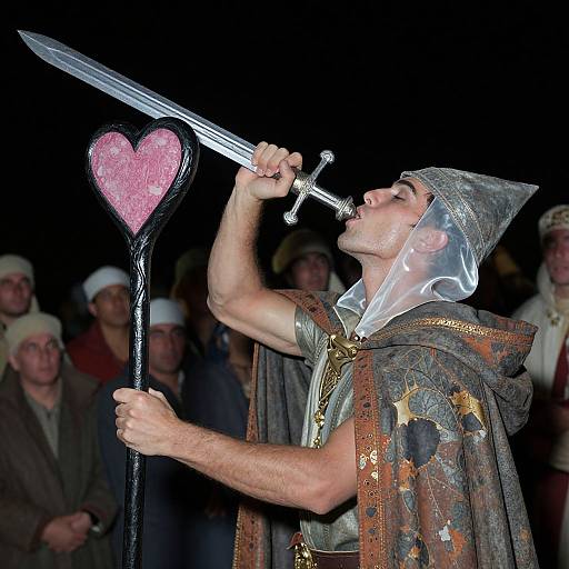 Photograph of a man in medieval cosplay, holding a sword with a pink heart-shaped handle, wearing a starry cape and helmet, in front of