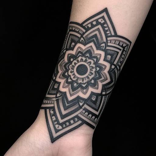 Photograph of a detailed black mandala tattoo on a forearm, featuring intricate patterns and symmetrical design against a black background.
