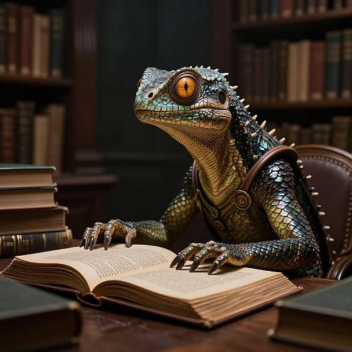 Reptilian Scholar in Ancient Library