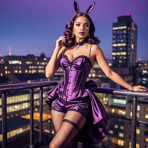 Woman in Aubergine Satin Bunny Outfit on Rooftop