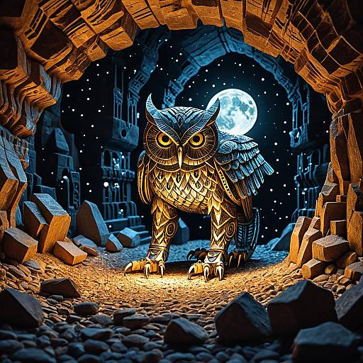 Hieroglyphic Owl-Scorpion Chimera in Ancient Cavern