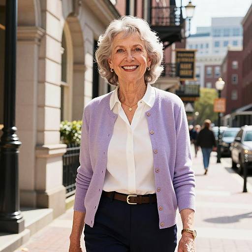 Photograph of an elderly woman with short gray hair, smiling, wearing a lavender cardigan, white blouse, and black pants, standing on a sun