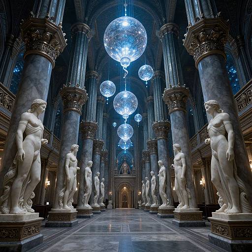 Photograph of a grand cathedral interior featuring white classical statues of nude figures, illuminated by large, glowing, suspended crystal orbs.