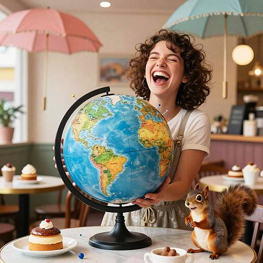 Laughing woman with whimsical globe and squirrel in café