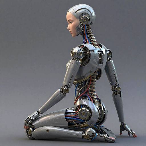 Photorealistic CGI of a sleek, silver robotic woman with exposed wires, kneeling in a neutral gray background, showcasing a futuristic, mechanical design with intricate
