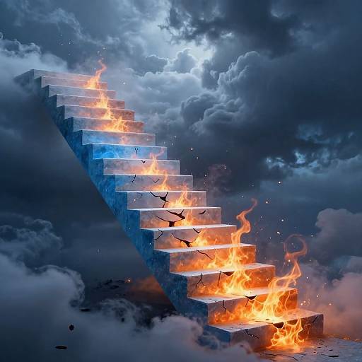 Photograph-like digital art of a blue, fiery staircase ascending into a dramatic, cloudy sky with orange flames and blackened cracks.