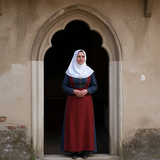 Photograph of a solemn nun in a black dress and white headscarf standing in a stone arched doorway, with a darkened interior behind her