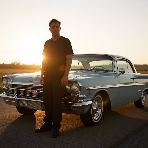 Photograph of a man in black shirt and pants standing in front of a silver classic car at sunset, with sun casting a backlight glow.