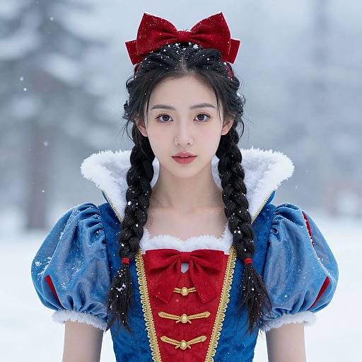 Photograph of an Asian woman in a Snow White costume with blue dress, red corset, braided hair, red bow, and snow-covered background