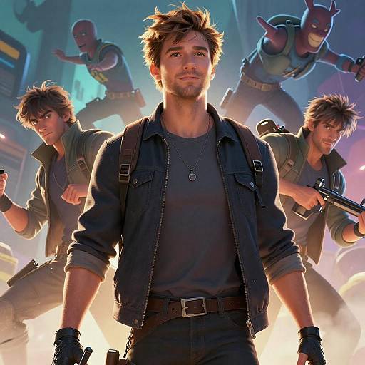 Digital artwork of five rugged, armed men with messy hair, wearing jackets and gloves, standing in a dramatic, glowing urban setting. Front man looks determined