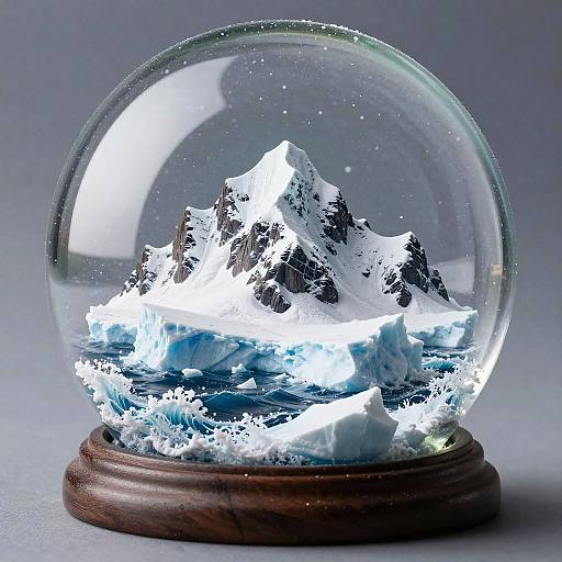 Photograph of a clear glass snow globe with a detailed, white and blue snow-covered mountain and icy waves inside, resting on a dark wooden base.