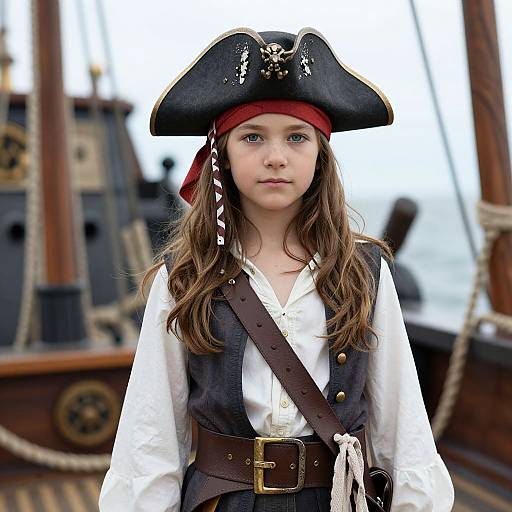 Photograph of a young girl as a pirate with long brown hair, black tricorn hat, red bandana, white shirt, and black vest,