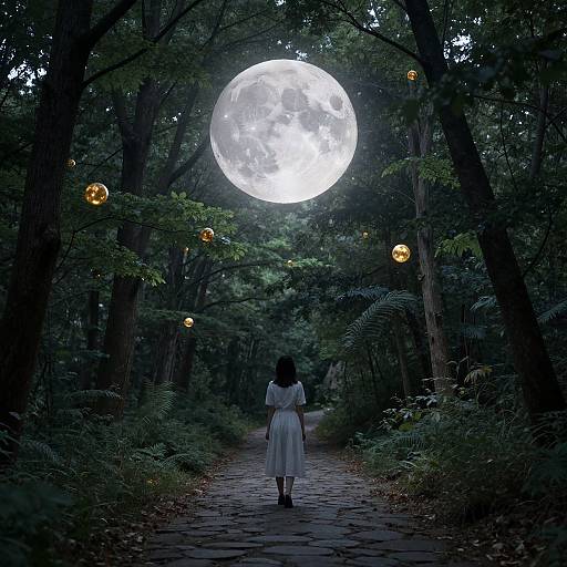 Photograph of a woman in a white dress walking on a forest path at night, illuminated by a glowing full moon and golden lanterns.