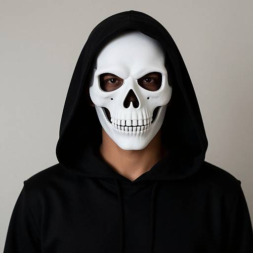 Photograph of a person with a white skull mask, dark hooded cloak, and intense brown eyes, against a plain white background.
