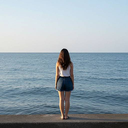 Photograph of a woman with long brown hair, wearing a white top and blue denim skirt, standing alone on a concrete pier, facing a calm,