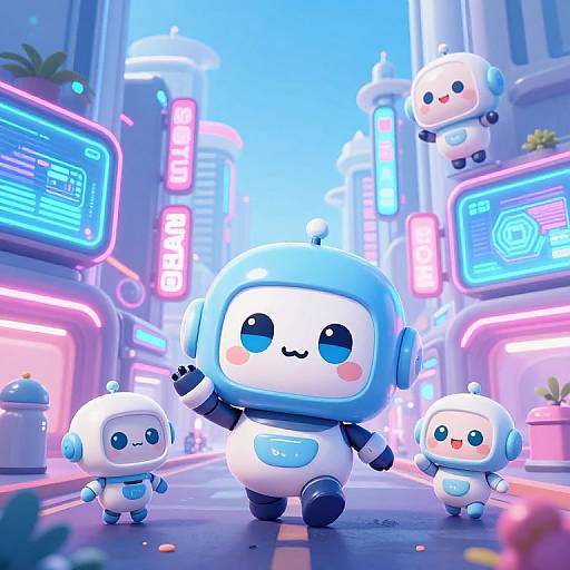 Cute CGI robots in a neon-lit cyber city street at night, with glowing signs and vibrant blue and pink lights.