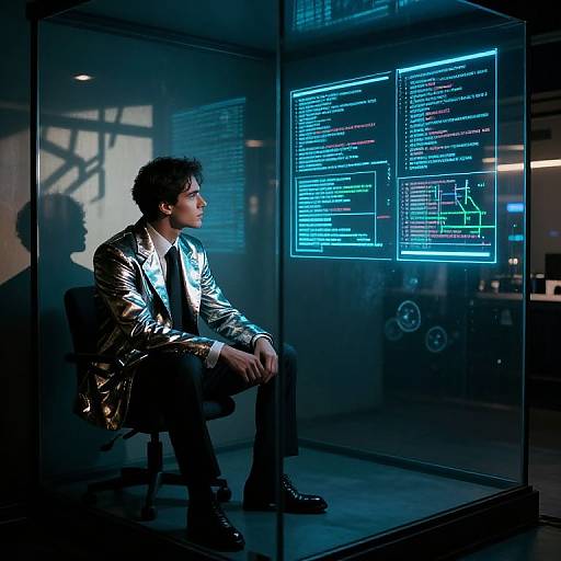 Photograph of a young man with curly hair in a shiny silver blazer, black pants, and black shoes, sitting in a glass-walled room
