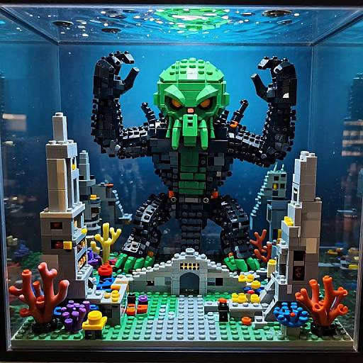 Photograph of a LEGO diorama featuring a green, angry octopus monster with black tentacles, surrounded by underwater city ruins and colorful coral.