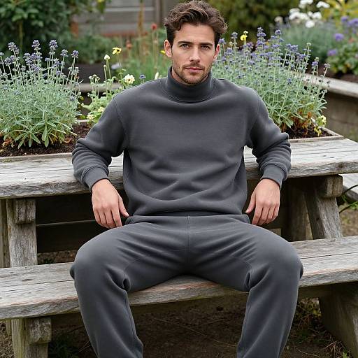 Photograph of a handsome, dark-haired man in a black turtleneck and pants, sitting on a wooden bench, surrounded by lush lavender plants.