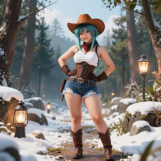 Digital artwork of a blue-haired anime woman in a brown cowboy hat, white tank top, corset, denim shorts, and boots, standing confidently in