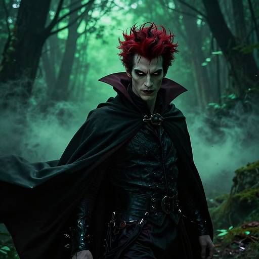 Digital artwork of a dark, brooding vampire with bright red spiky hair, black cloak, and sinister expression, standing in a misty, eerie