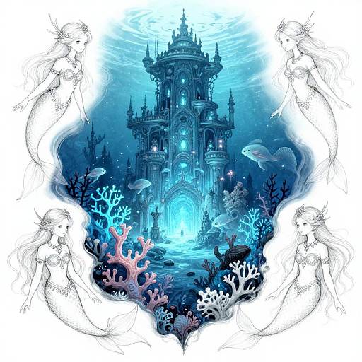 Digital fantasy artwork: Underwater castle with glowing blue lights, surrounded by coral, fish, and jellyfish, framed by intricate white sketches.