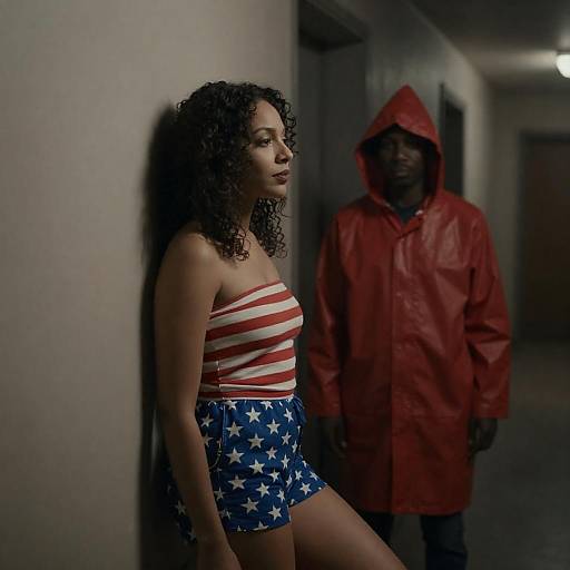 Moody Hallway Portrait with Red Raincoat