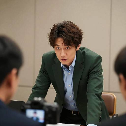 Focused man in green suit leaning at desk