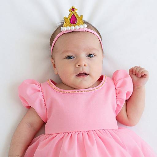 Photograph of a baby with fair skin and dark eyes, wearing a pink dress and a gold crown headband, lying on a white background.