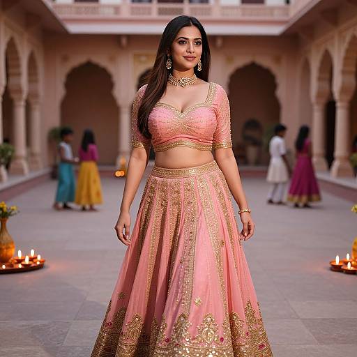Photograph of a beautiful Indian woman with long black hair, wearing a pink and gold traditional lehenga choli, standing in an ornate courtyard with