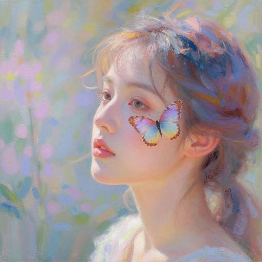 Digital painting of a fair-skinned girl with light brown hair, a butterfly on her cheek, looking upwards in a sunlit, colorful forest.