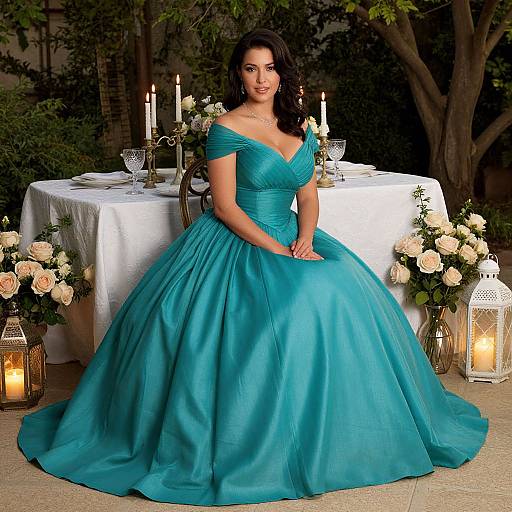 Photograph of a dark-haired woman in an off-shoulder, turquoise ball gown, seated at a candlelit, flower-adorned garden table