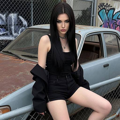 Gothic woman with long black hair, wearing black tank top and shorts, sitting on rusted car in graffiti-covered urban lot.