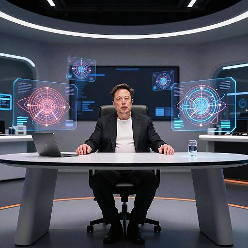 Photograph of a man in a black suit, white shirt, sitting at a modern desk with glowing blue and red holographic interfaces behind him in a