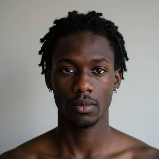 Photograph of a shirtless, dark-skinned African-American man with short, twisted black hair, small hoop earrings, and a serious expression, against