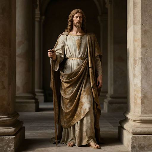Photorealistic image of Jesus Christ with long brown hair and beard, wearing a beige robe with a brown sash, standing barefoot in a dim
