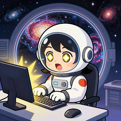 Digital anime-style illustration of a chibi astronaut with glowing yellow eyes, white spacesuit, and black hair, working on a computer in a space station