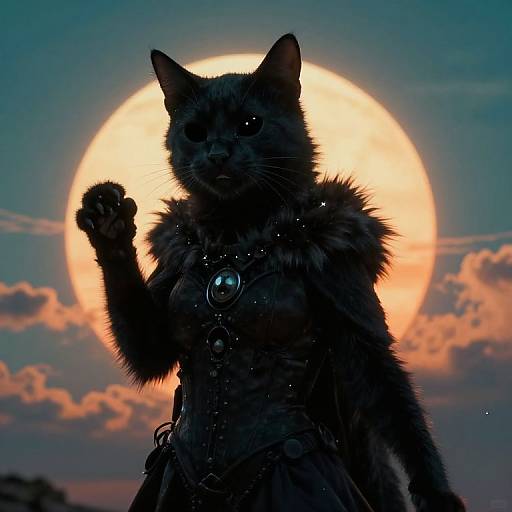 Silhouetted black cat with fur-lined cape and jeweled collar, raised paw, against a glowing full moon and sunset sky.