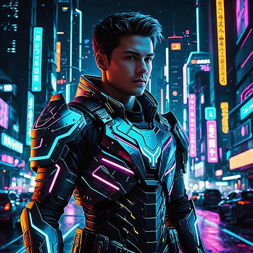 Futuristic Warrior in Neon Cityscape