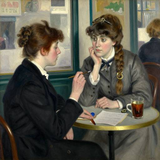 Oil painting of two Victorian women in black dresses, seated at a café table, discussing; one sips from a glass, the other holds a pen