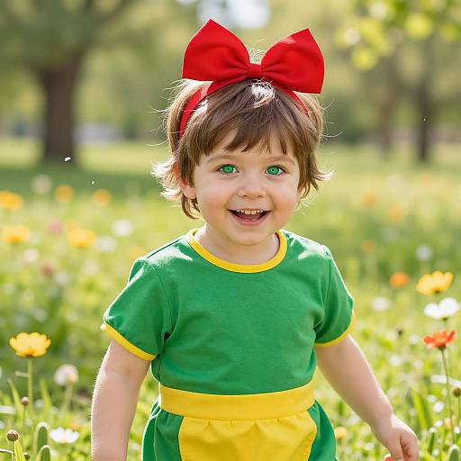 Photograph of a smiling toddler with green eyes, brown hair, wearing a red bow, green and yellow dress, standing in a sunny meadow with