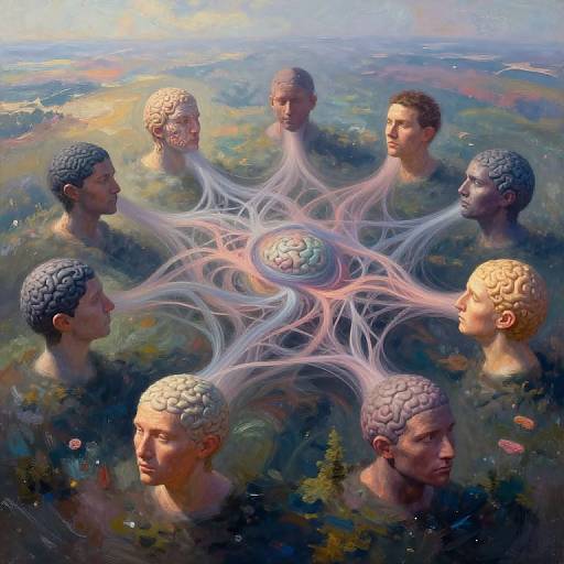 Digital painting of six headless, connected human figures with glowing, web-like neural connections, surrounded by a colorful, dreamlike landscape. Central brain-like