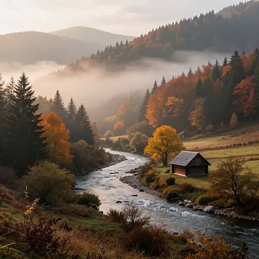 Photograph of a serene autumn landscape featuring a small wooden cabin beside a flowing river, surrounded by colorful fall foliage and misty hills under a bright,