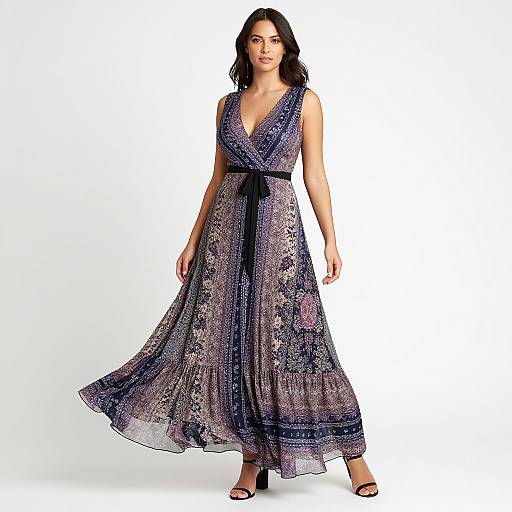 Photograph of a smiling woman with dark hair, wearing a sleeveless, deep V-neck, purple and silver floral-embellished gown with a