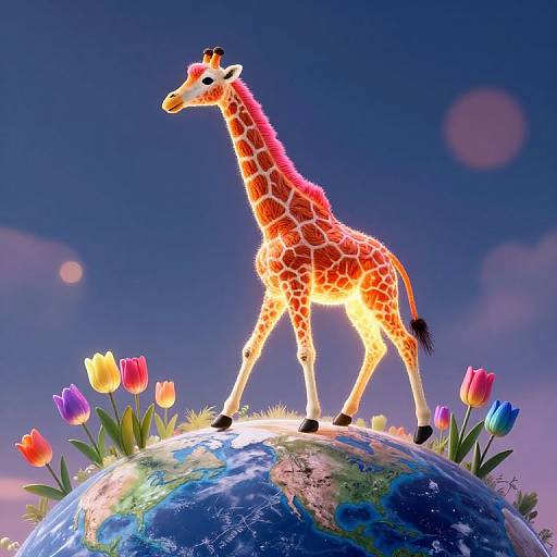 Digital illustration of a glowing, cartoon-style giraffe standing on a colorful Earth with blooming tulips against a vivid blue sky.