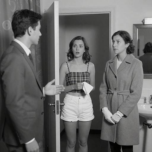 Black and White Photo of Surprised Women and Talking Man
