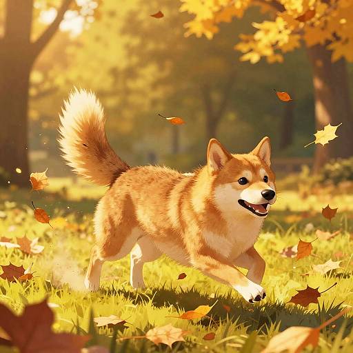 Digital illustration of a happy, fluffy Shiba Inu dog running through a sunlit autumn forest, with yellow and orange leaves falling around.