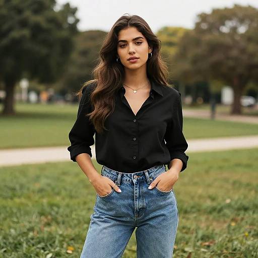 Photograph of a young woman with long brown hair, wearing a black blouse, blue jeans, hands in pockets, standing in a grassy park.